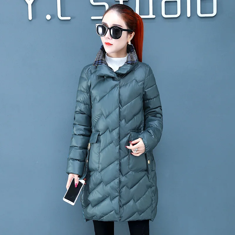 Women Solid Down Coat New Winter Fashion Pladi Splice Stand Collar Zipper Pockets Button Thickening Loose Long Outerwear - Color: Dark Green