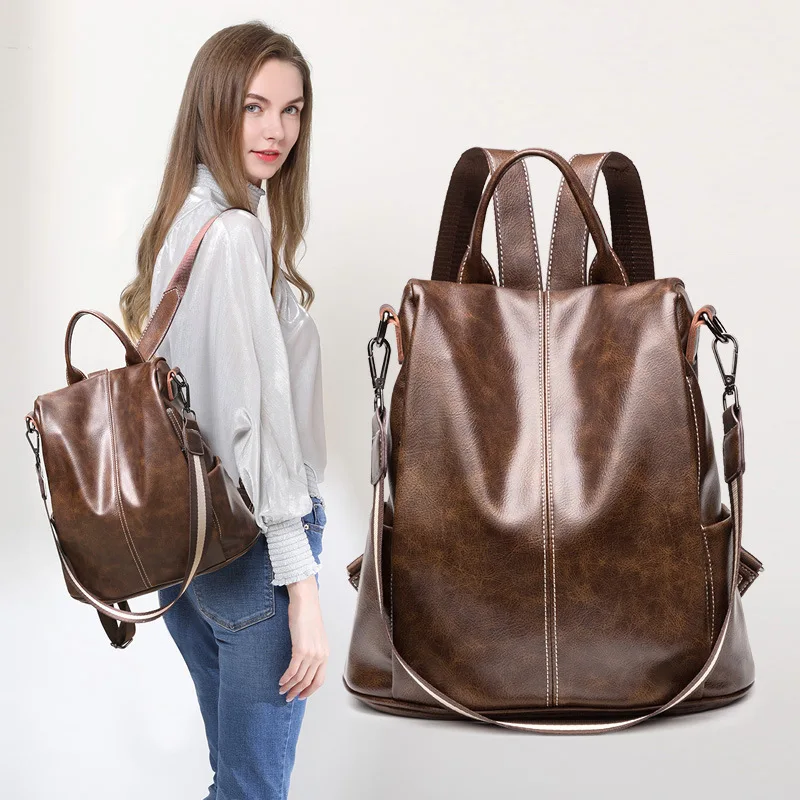 

2019 New Style Leather Backpack Women's Fashion Oil Wax Cowhide Backpack Women's Vintage Travel Bag