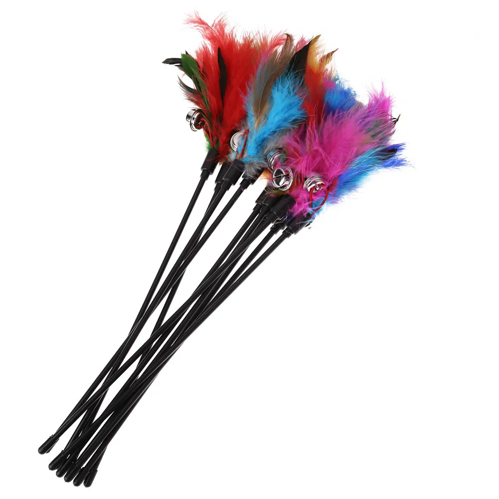 5pcs Hot Sale Cat Toys Random Color Funny Kitten Cat Teaser Interactive Toy Rod with Bell and Feather Toys For Pet Cats Stick