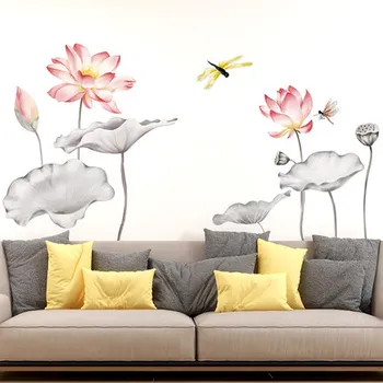 

Lotus Dragonfly Wall Stickers 3D Wallpaper Chinese Style Self-adhesive Living Room Sofa Background Wall Decor Bedroom Postes