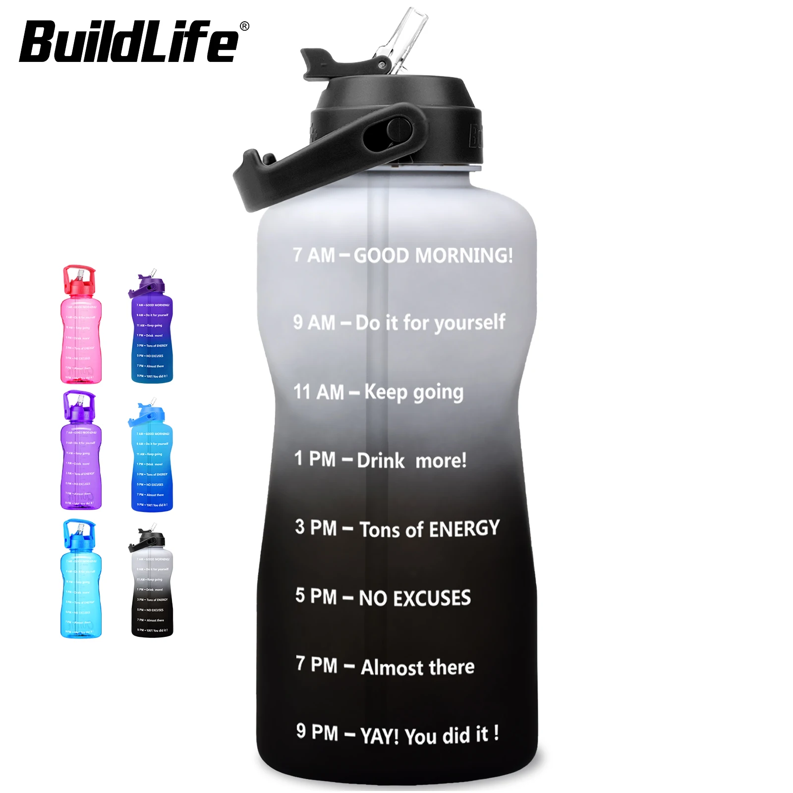BuildLife 2L 64oz &1.3L Motivational Gallon Water Bottle with Straw & Time Marker BPA Free Wide