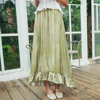 

French Chic Vintage Tie-dyed Imitated Silk Skirts Women Summer Autumn High Waisted A Line Ruffle Long Skirts Women