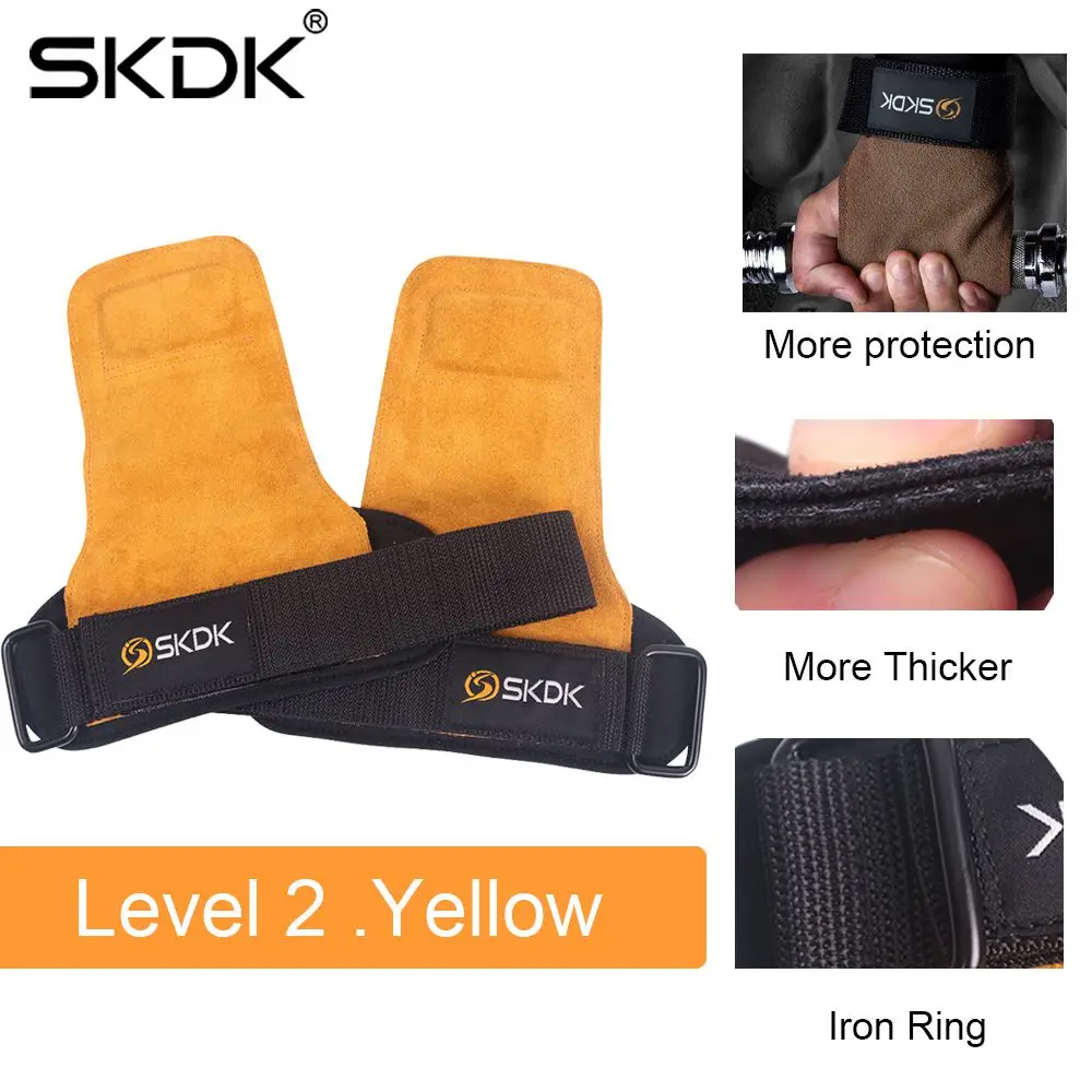 SKDK, 1 пара, перчатки для спортзала из воловьей кожи, противоскользящие, для тяжелой атлетики, накладки, для тренировки, кроссфита, Перчатки для фитнеса, защита ладони - Цвет: Leave.2 Yellow