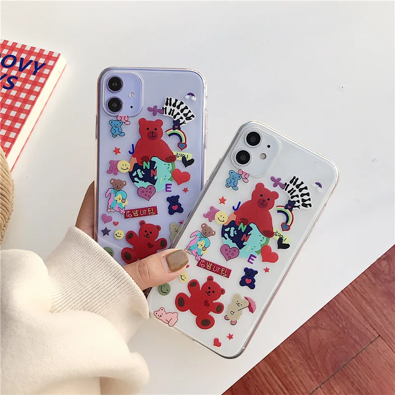 Прозрачный милый чехол с радужным медведем для iphone 11 Pro Max 6 6S 7 8 Plus X XR XS задняя