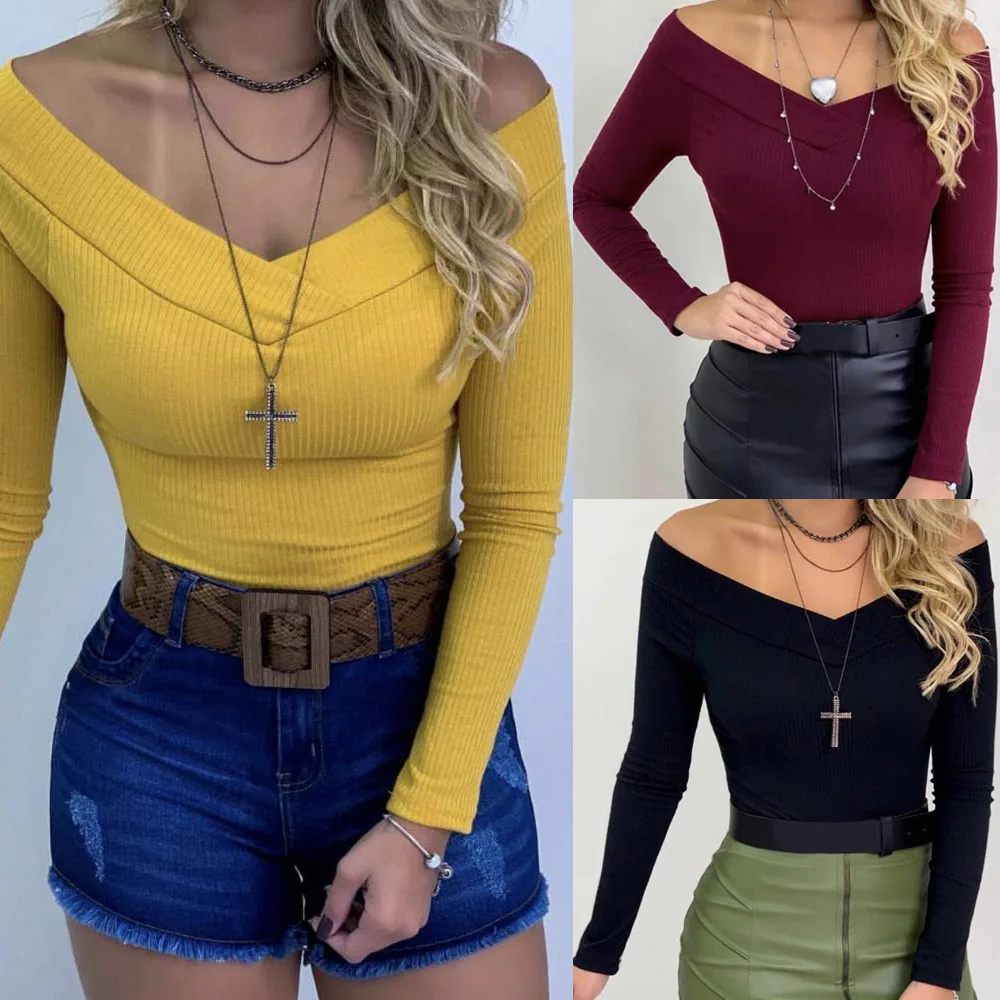 tops woman clothes Solid V-Neck Polyester Full long sleeve shirt popular fashion sexy elegant spring autumn | Женская одежда