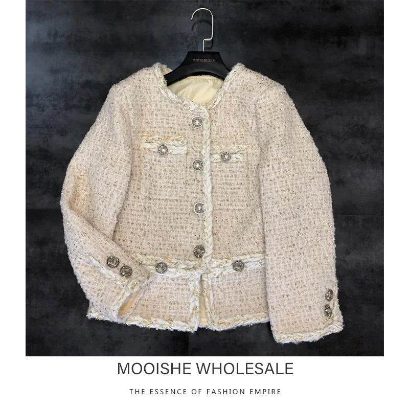 

2019 Autumn New Double Pocket Bright Silk Shiny Thick Rope Fragrance Star Models Short Jacket Shirt Women