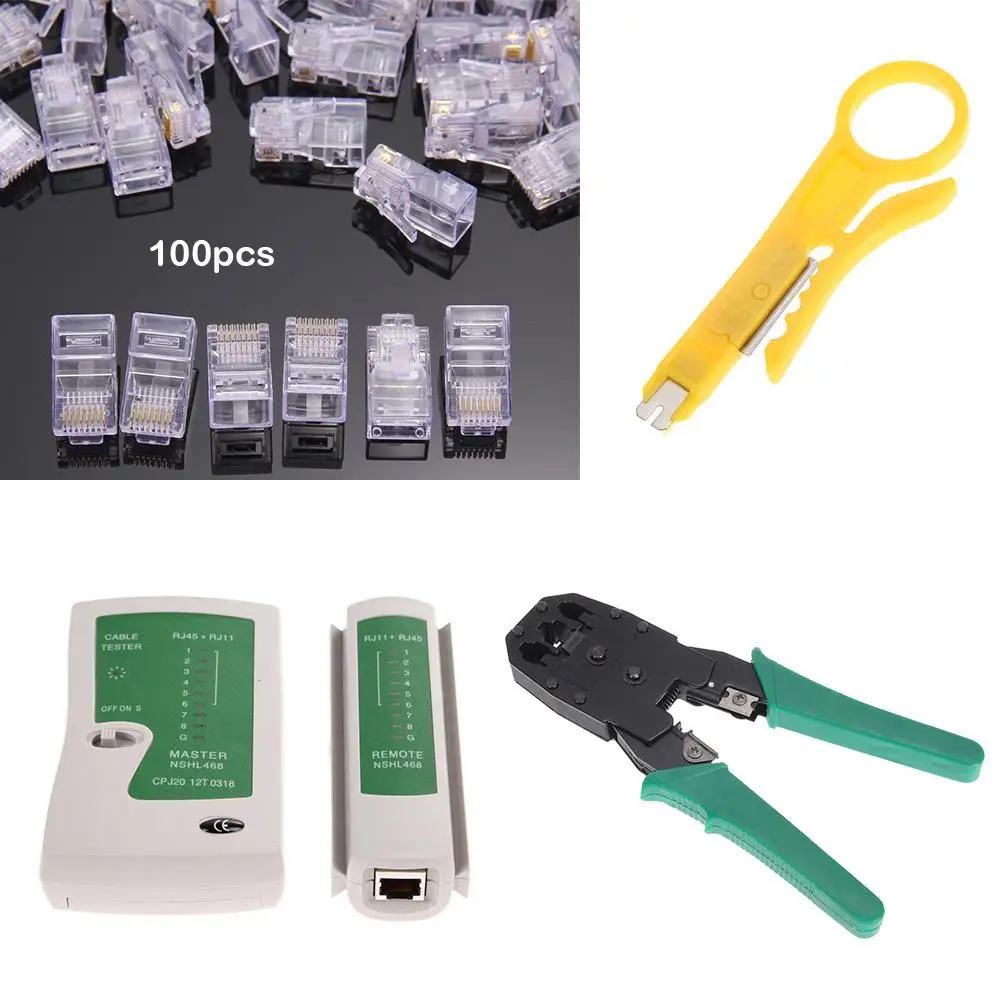 Promoción Juego de prensado de cables de red Cat5 RJ45, Kit de herramientas con 100 Uds., conector de Cable de red RJ45 y 1 ud. 531y08Ozx79