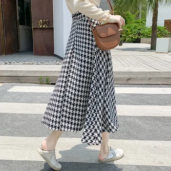 

Fashion Houndstooth Print Skirt Women Elegant Long Midi Skirts Autumn Winter Vintage Sweet Femme Jupes Ladies Pleated Skirt