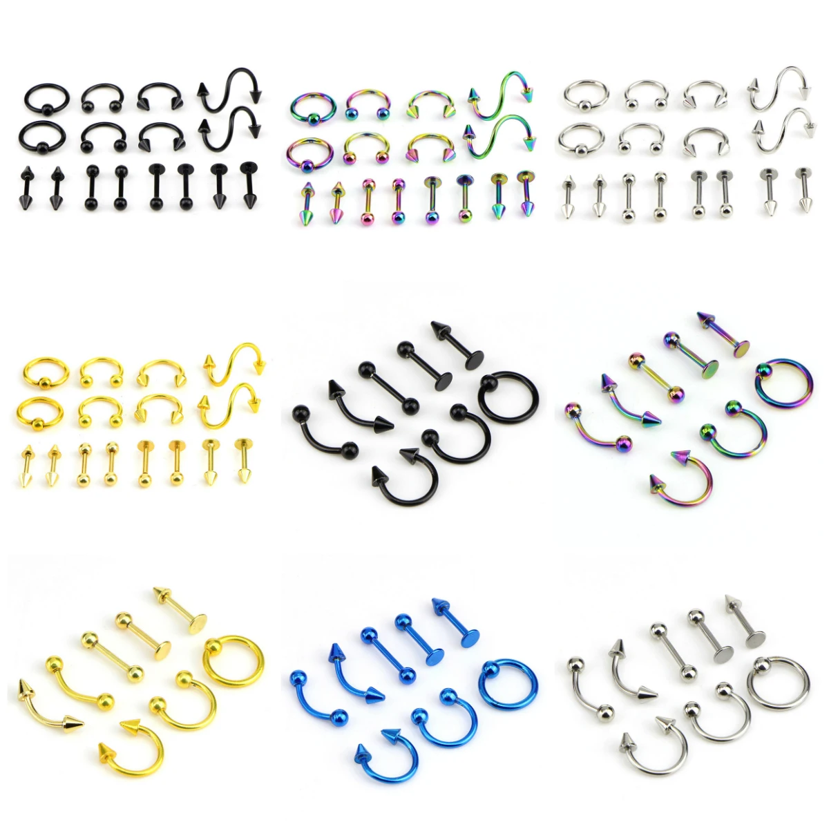8/16PCS/Set Fashion Piercing Set Eyebrow Bar Lip Nose Pircing Stainless Steel Ear Studs Stainless Steel Mixed Body Jewelry