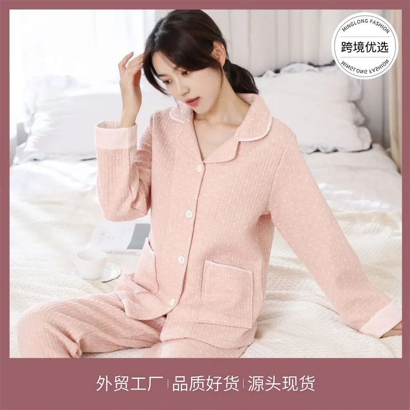 

Pajamas Female Autumn and Winter Thickening kong qi mian Homewear Set plus Cotton V-neck Long Sleeve Trousers Pajamas Piece