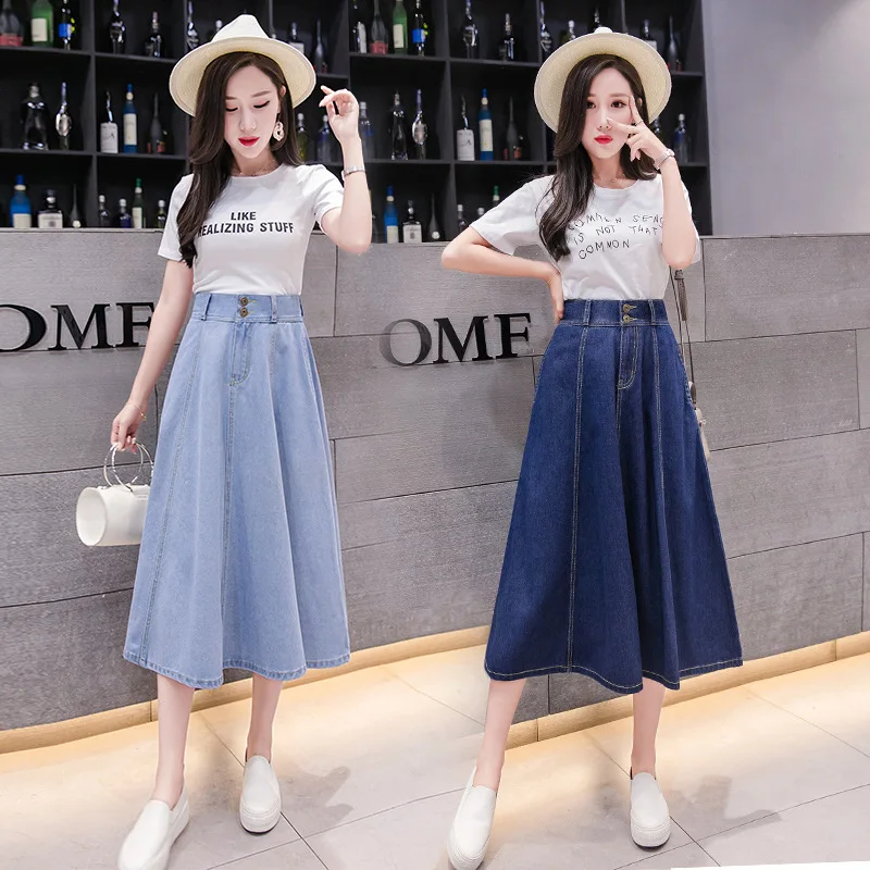 

Photo Shoot Korean-style CHIC Retro Denim Skirt Mid-length High-waisted Big Hemline A- line Long Skirts Full Skirt