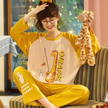 

Autumn Cotton Cartoon Pajamas Set Women Pyjamas Sleepwear Loose Long sleeve Pijama Mujer Home Clothes Long Pants Night suit 2pcs