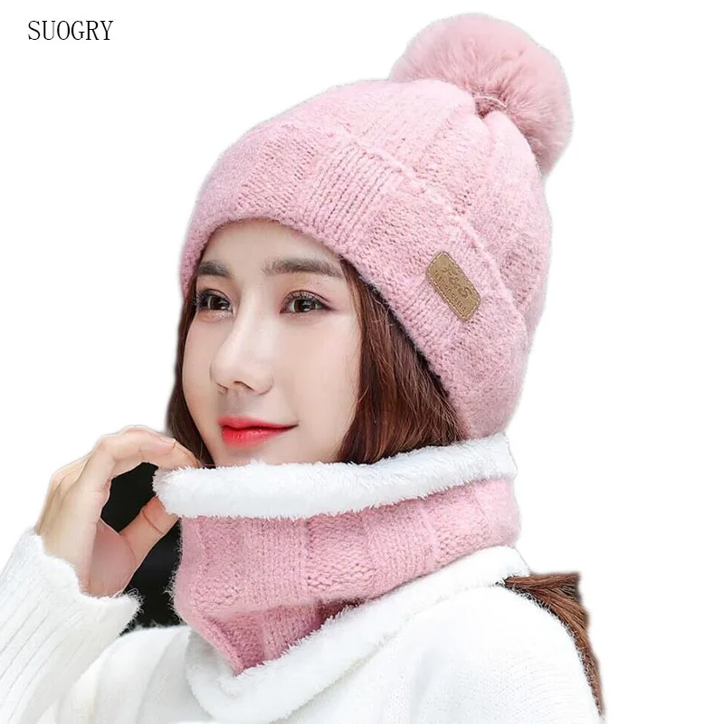 SUOGRY Hot Selling 2pcs Ski Cap And Scarf Cold Warm Leather Winter Hat for Women Knitted Hat Bonnet Warm Cap Skullies Beanies