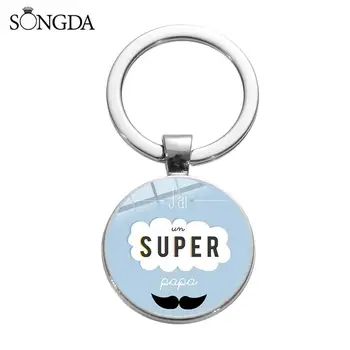 

SONGDA Super Papa Keychain Father's Day Gift Men Jewelry Je t'aime Papa Cartoon Pattern Glass Dome Pendant Car Key Chain for Dad