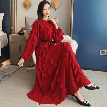 

Vintage Wine Red Ruffles Dress Women O-neck Long Sleeve High Waist Belt Bow Ruched Chiffon Dress Female Elegant Long Party Dress