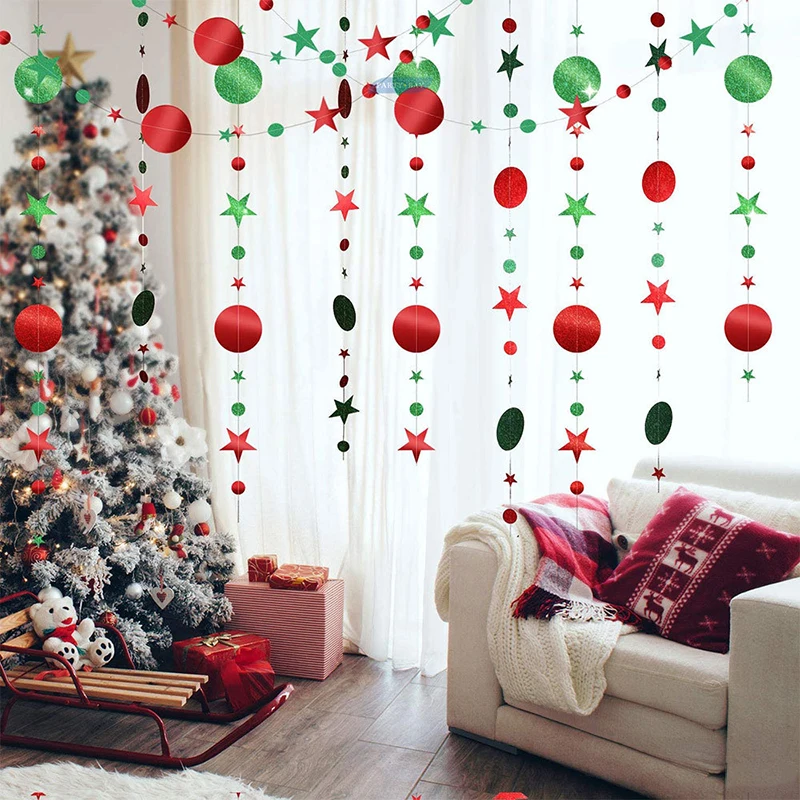 Christmas Party Decoration Red Green Stars Round Pull Flag Ceiling ...