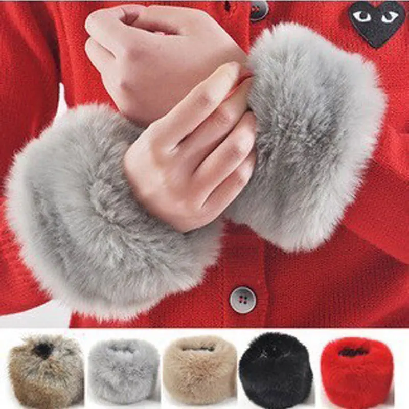 1Pair Women Winter Wrist Warmer Oversleeve Warm Soft Faux Rabbit Fur Windproof Arm Bracelet Solid Color Wristbands Sleeves |