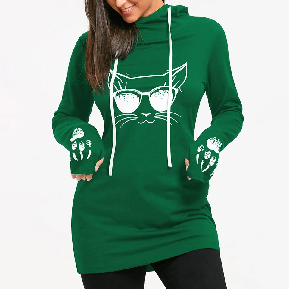  2019 Women Hoodies Long sleeve Sweatshirt Cool Gothic Cat Print Slim Fit Casual Pullover Female Plu