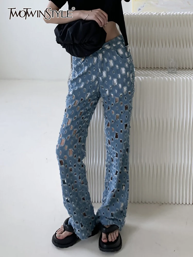 

TWOTWINSTYLE Hollow Out Wide Leg Pants For Women High Waist Ripped Hole Denim Loose Trousers Female Clothing 2021 Autumn Fashion