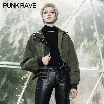 

PUNK RAVE Girls Fashion Punk Military Green High Collar Cotton Coat Female BF Short Jacket Thickening Autumn and Winter Coat