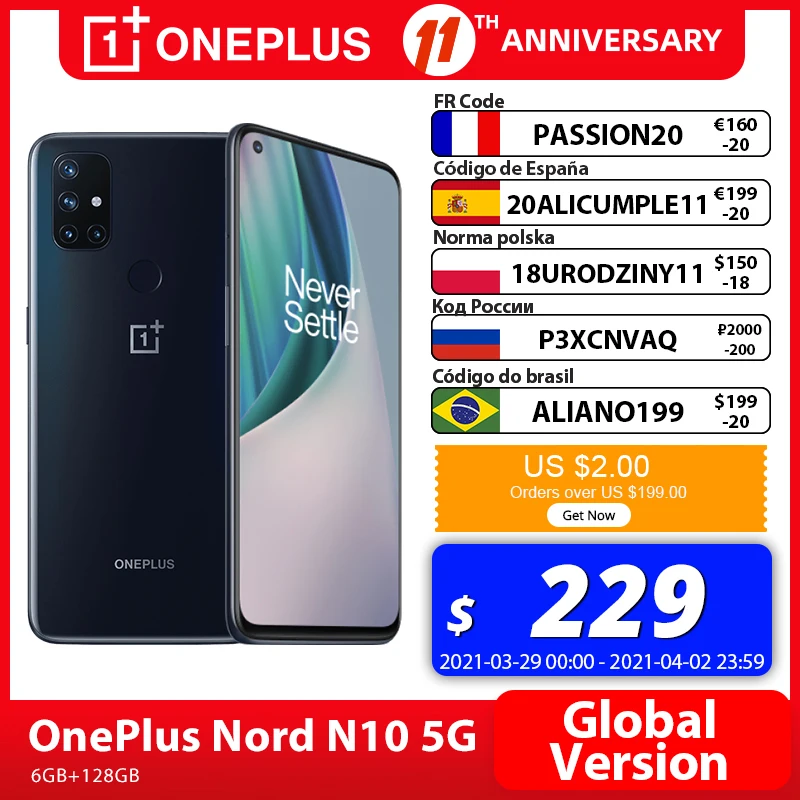  OnePlus Nord N10 5G OnePlus Official Store Мировая премьера глобальная версия 6 ГБ 128 Snapdragon 690 смартфон 90 Гц Дисплей 64MP Quad камеры Warp 30T NFC