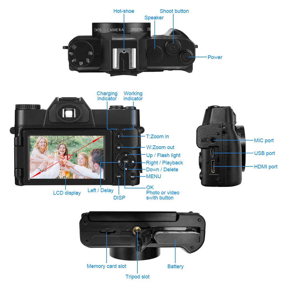 Digital Photography Camera 4K Vlog Selfie Camcorder Flip Screen 48MP Wide Angle Macro 2 in 1 Lens Youtube Live Streaming Camera