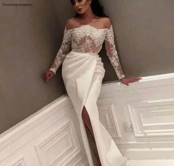 

2019 Sheath Arabic Split Evening Dress Off-Shoulder Long Sleeves Formal Holiday Wear Prom Party Gown Custom Made Plus Size