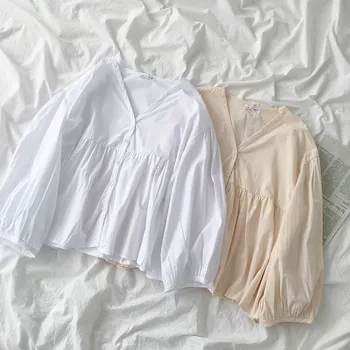 

flare sleeved solid women blouse 2020 v-neck loose all match casual lady female pulls outwear coat tops