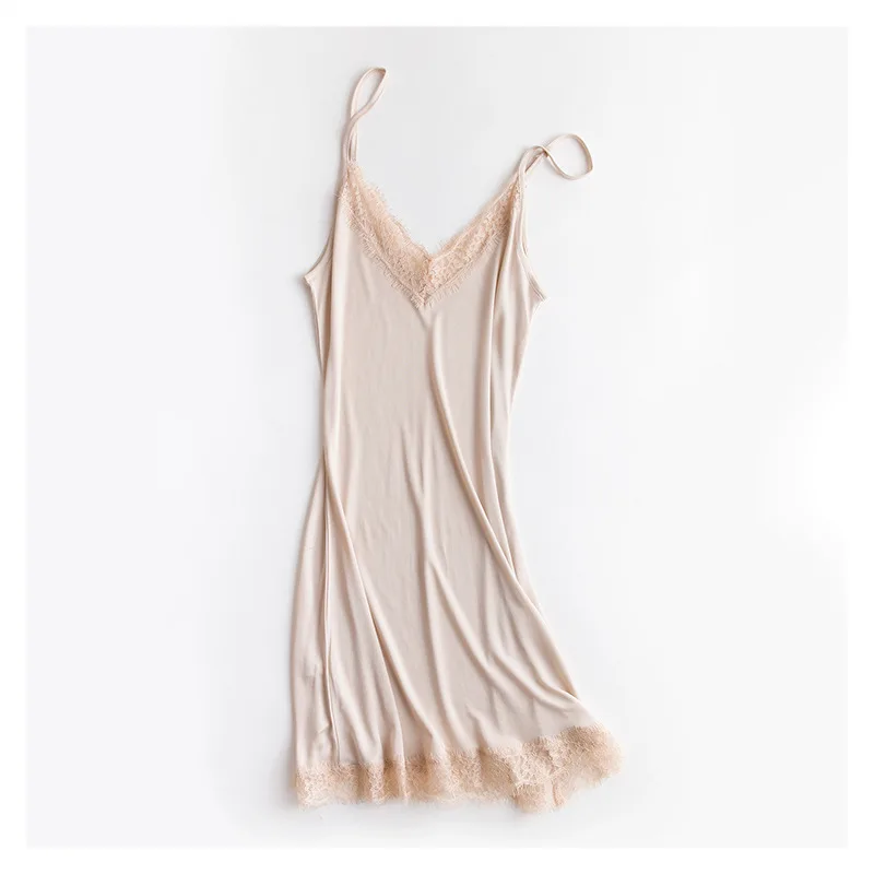 Spring and Summer Silk Loose V-neck Lace Silk Slip Nightdress Sexy Pajamas Silk Base Slip Dress