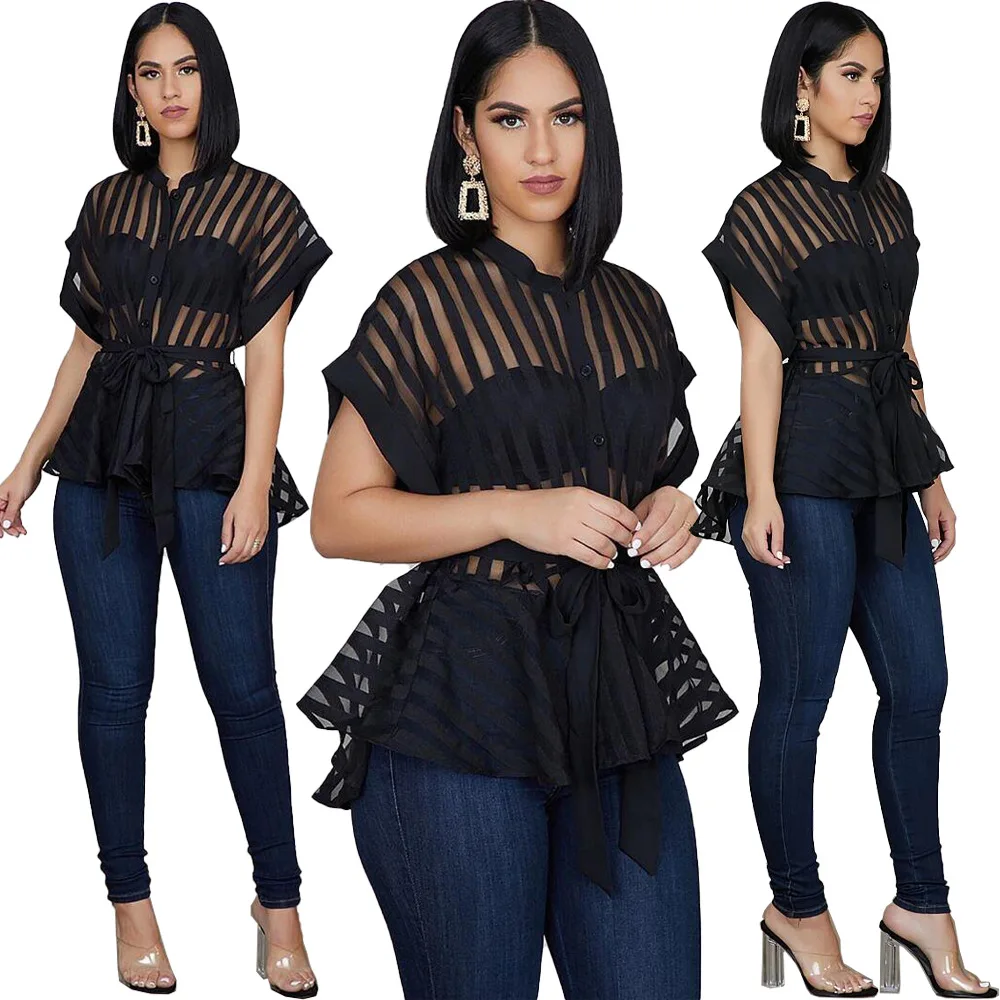 

Blusas Mujer De Moda 2019 Club Striped Mesh Patchwork Short Sleeve Stand Collar Single Breasted Shirt Autumn Sexy Women Button Sashes Empire Asymmetrical Long Blouses FNN8311