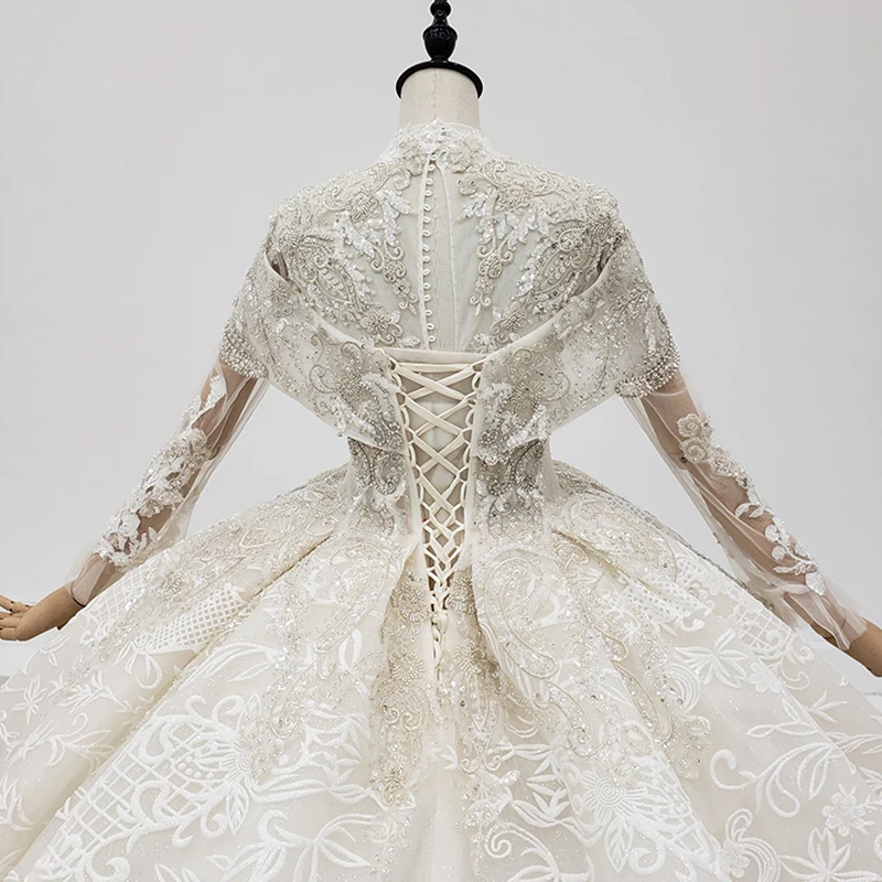 HTL1969 Elegant Extravagant Sequin Crystal Pearls Wedding Dress 2020 High Neck Long Sleeve Lace Up Back 6