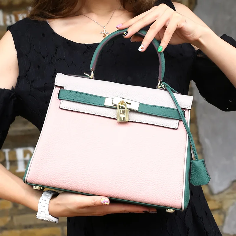 

2019 New Style Handbag Mixed Colors Embossed Leather Kelly Bag WOMEN'S Leather Bags High Quality Full-grain Leather Single-shoul