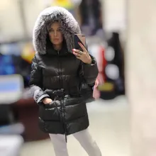 Зимняя женская куртка на утином пуху, темно-армейский зеленый, новинка, настоящая большая шуба из лисьего меха, Женская куртка средней длины с капюшоном и поясом