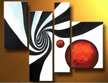 

Handmade 4 Panels Abstract Wall Paintings Black White and Red Large Modern 100% Hand Painted Wall Art Home Decorations