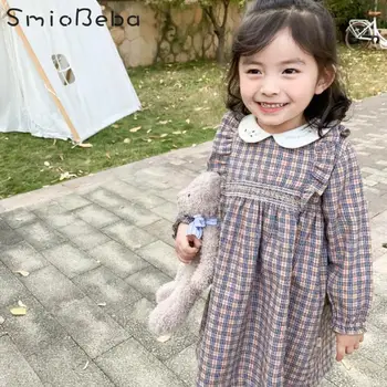 

Girls Embroidered Children Plaid Dress Doll Collar Long Japan Style Princess Skirt Spring Korean Kids Dresses For Girls Wedding