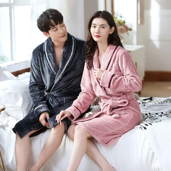 

JUSTAR Couple autumn and winter coral velvet mid length Nightgown thickened flannel sexy big Lapel housewear