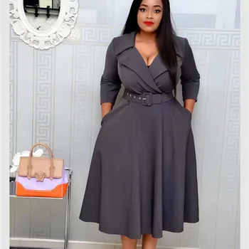 

Wine Red African Women Office Dress Notched Collar Long Sleeve Business Suit Mid Dress High Waist Belted Ladies Blazer Dress