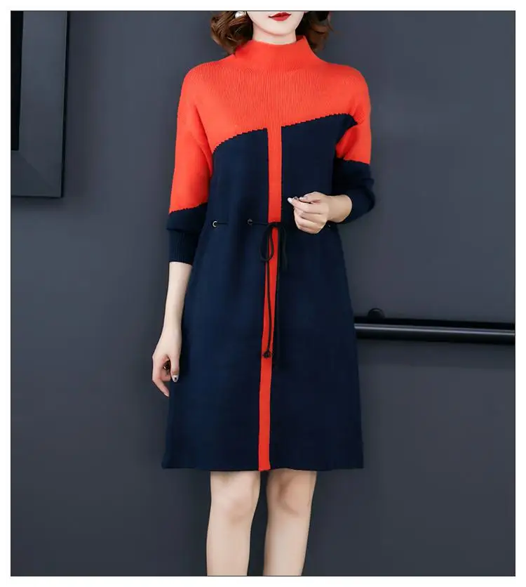 Осенне-зимнее трикотажное платье-свитер с цветным блоком женское платье с длинным рукавом больших размеров корейское элегантное модное платье Vestido - Цвет: orange
