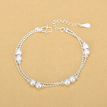 

925 Sterling Silver Double Jewelry Lucky Eight Frosted Round Bead Bracelet Anklet Female Sweet And Cute