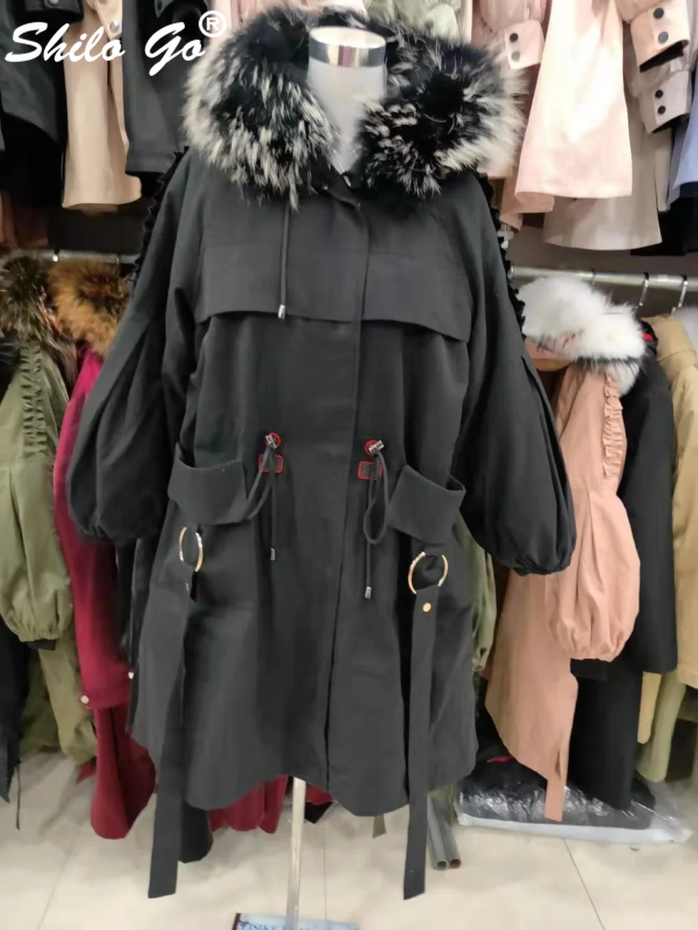Fur Coat Safari Style Real Raccoon Fur Collar Hooded Rabbit Fur Lining Long Coat Women Winter Casual Warm Bishop Sleeve Outwear