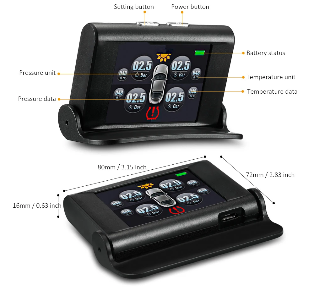 S2 Солнечная TPMS usb зарядка в реальном времени-прибор для определения времени цифровой 2,4-дюймовый экран с 4 датчиками IP67 0-99 psi система контроля давления в шинах