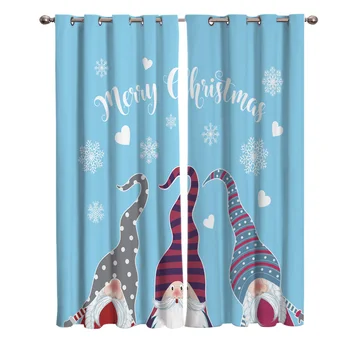 

Christmas Three Christmas Gnomes,Snow Heart Blue Blackout Window Curtains Living Room Curtain Rod Kitchen Drapes Fabric Indoor