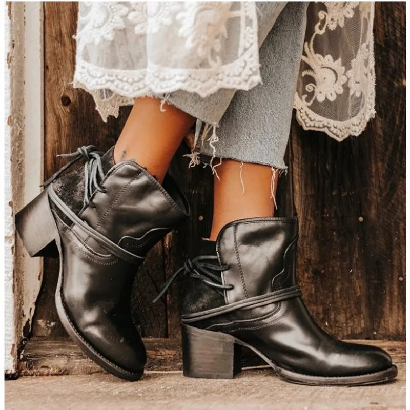 Зимние женские байкерские ботильоны из искусственной кожи; женская обувь черного цвета на платформе и высоком каблуке со шнуровкой и круглым носком на резиновой подошве; Botas Mujer