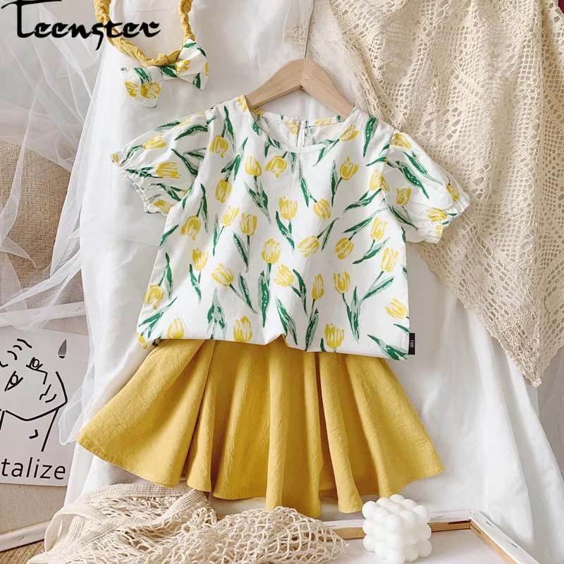 Teenster Girls Ruffle Outfits Summer Fashion Off The Shoudler Letter Top&cartoon Skirt Korean Clothes Little Kids Clothing Set clothes embroidery set