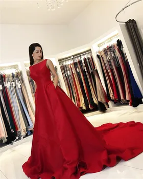 

Red Scoop Backless Floor Length Court Train High Quality Satin Pleated Evening Dresses 2020 vestidos de fiesta de noche