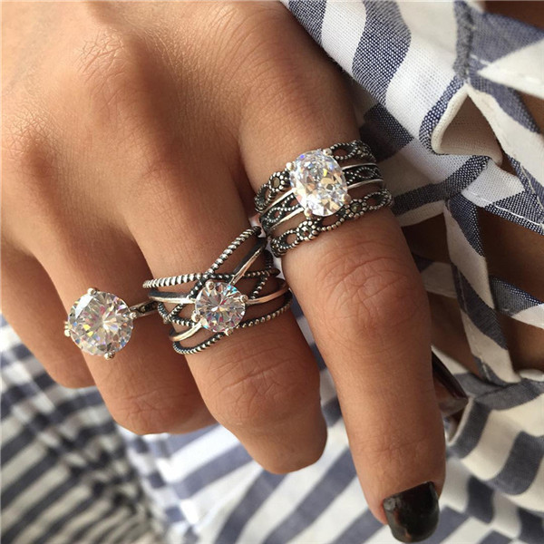Bohemian Gold Vintage Rings Snake Heart Crystal Ring Set Women Charm Joint Ring Party Wedding Fashion Jewelry Gifts