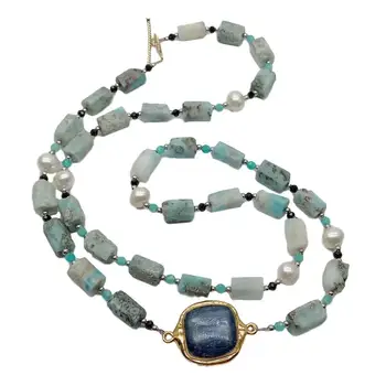 

Natural Blue Larimar Spinel Amazonite White Pearl Blue kyanite Long sweater chain Necklace 28"