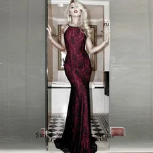 Burgundy Halter Lace Evening Dresses Prom Backless Mermaid Arabic Vestidos De Fiesta De Noche Robe De Soiree Plus