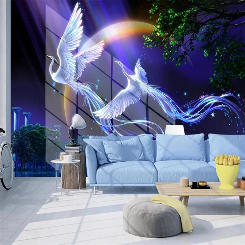 Beibehang-papel-de-parede-Beautiful-dreamy-mood-peacock-crane-living-room-background-wall-custom-large-mural (2)