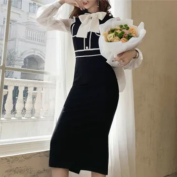 

High Quality Spring Office Lady Sheath Dress 2020 New fashion Women Black White Patchwork Bowknot Bodycon Pencil OL Midi Dress